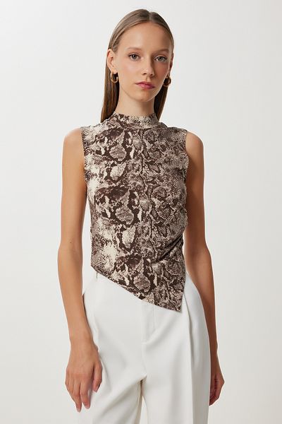 Lovelyİstanbul Patterned Asymmetrical Knitted Blouse Lub0187 Brown Cream