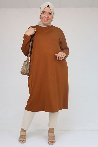 Eslina 28092 Large Size Low Sleeve Combed Cotton Tunic - Tan