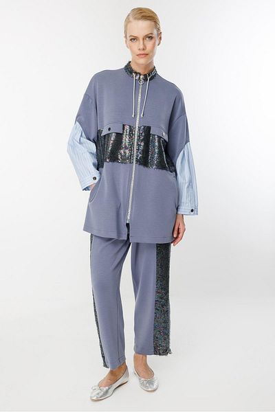 Ghisa Sequin Fabric Mixed Suit Thick Striped Blue