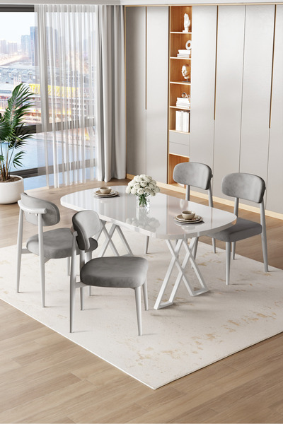 Canisa Jolin Serisi Mdf 90x168 Beyaz Mutfak Masa Takımı 4 Gri Metal Sandalye