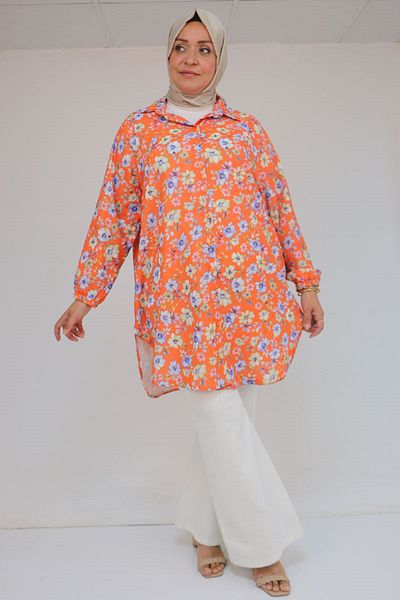 Eslina 58052 Large Size Men's Collared Jesica Shirt Tunic - Flower Pattern Tile
