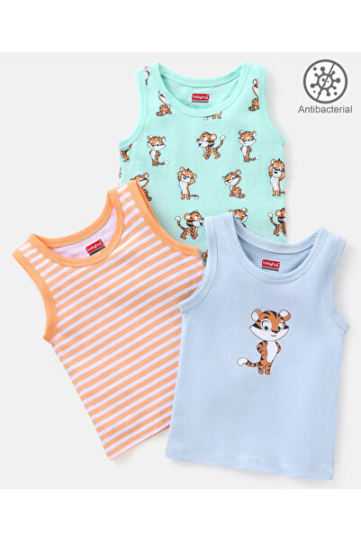 Babyhug 100% Cotton Antibacterial Sleeveless Vests Tiger Print Pack of 3 - Mint Blue & Orange