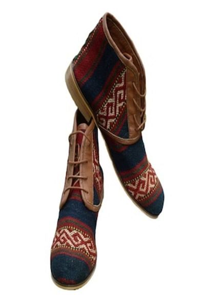 Anatolia Ghete bărbătești Lord, piele și material textil, cusute și brodate manual, maro albastru, mărimea 44