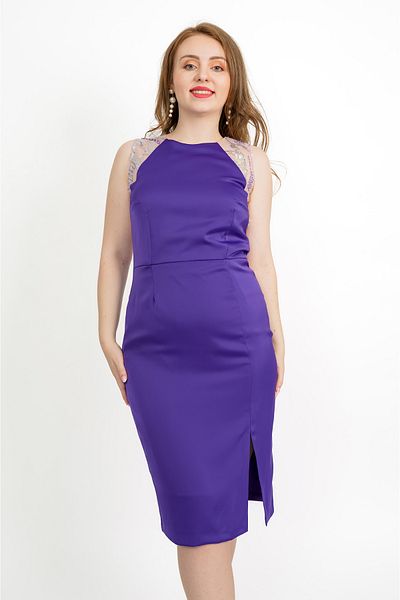 Moze Diana elegant midi dress, tapered with crepe, purple - - L(40)