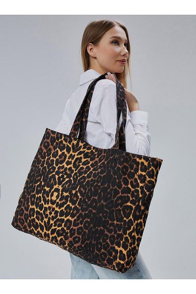 Çınar Bez Çanta Transition Leopard Pattern Large Size Bag - Brown - Plane Tree Cloth Bag