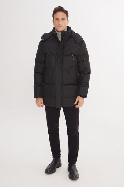ALTINYILDIZ CLASSICS Men's Black Standard Fit Regular Cut Hooded Collar Quilted Patterned Coat with Thermometer