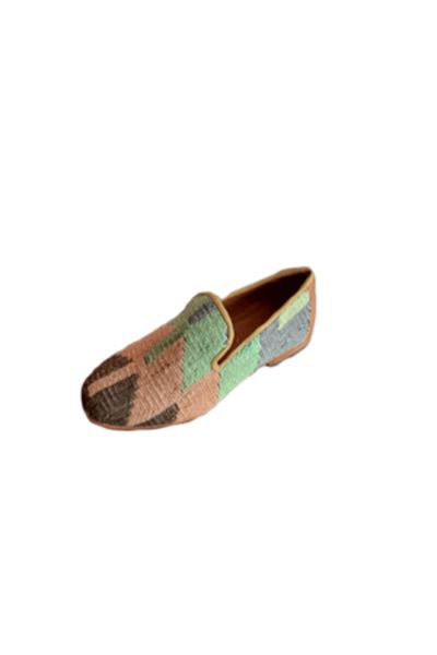 Anatolia Pantofi Sultan piele si material textil cusuti si brodati manual, Maro verde, 43