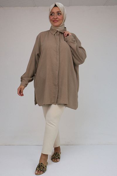 Eslina 58096 Large Size Men's Collar Buttoned Tunic - Mink