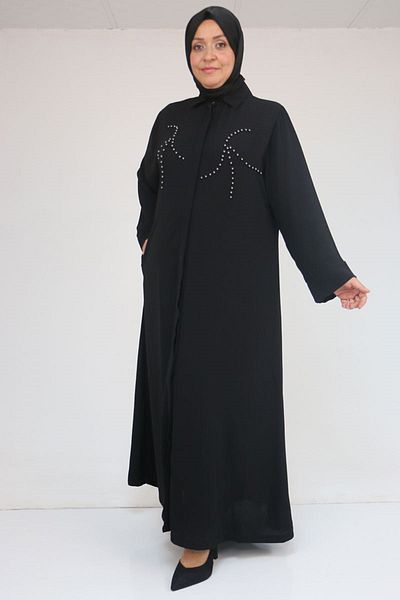 Eslina 56017 Large Size Crepe Ferace with Stone Processing Detail - Black
