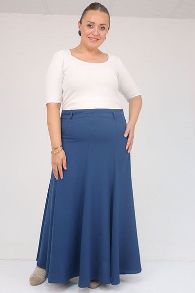 Eslina 55002 Plus Size Belted Side Zipper Skirt - Indigo