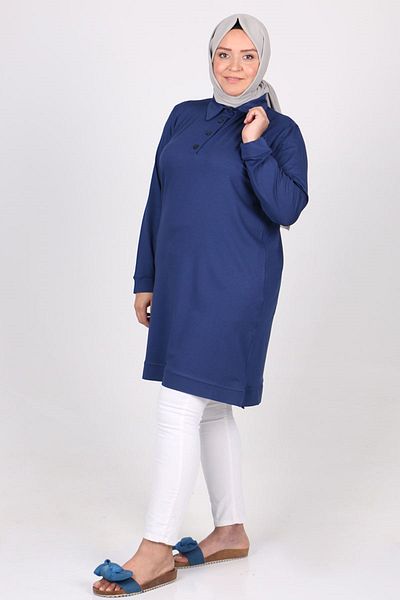 Eslina 28077 Large Size Polo Neck Half Placket Combed Cotton Tunic - Navy Blue