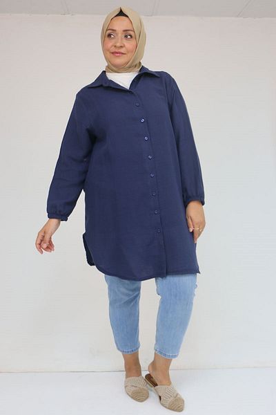 Eslina 58091 Large Size Muslin Shirt with Elastic Sleeves - Navy Blue