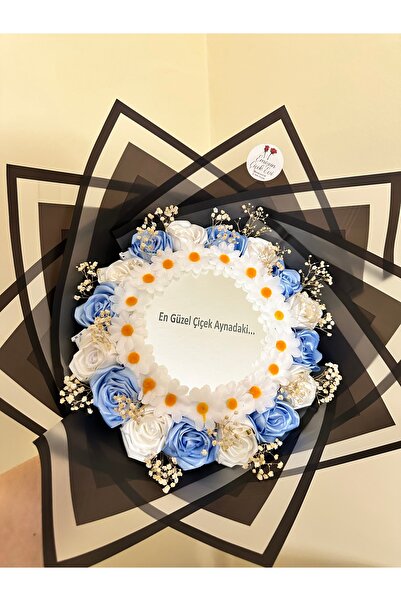 Çiçek Aynalı gül buketi bebe mavisi beyaz söz nişan isteme özel gün hediye