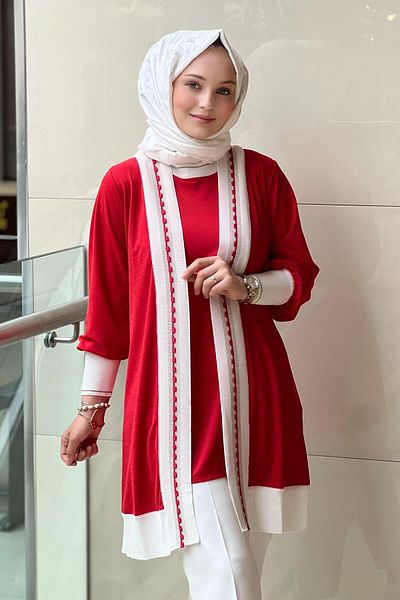 Ghisa Knitwear Rib Detail Belted Inner Outer Double Set