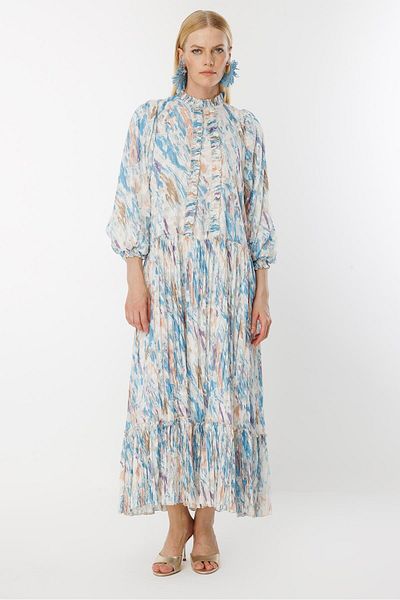 Ghisa Ruffle Detailed Dress Blue Patterned Ecru