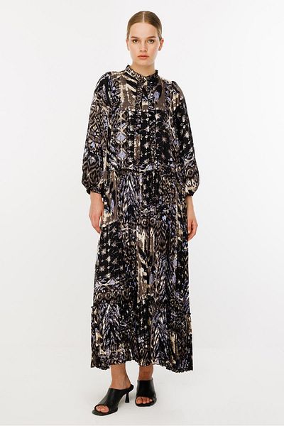 Ghisa Ruffle Detailed Dress Black Beige Patterned