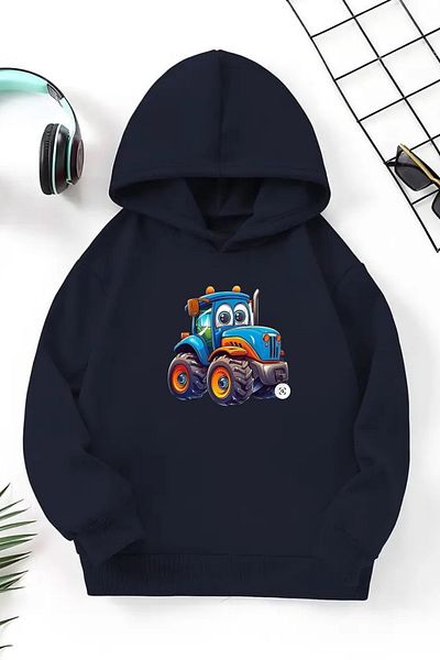 CLAYES Hanorac unisex albastru bleumarin pentru copii – tractor, țesătură groasă cu șapcă imprimată