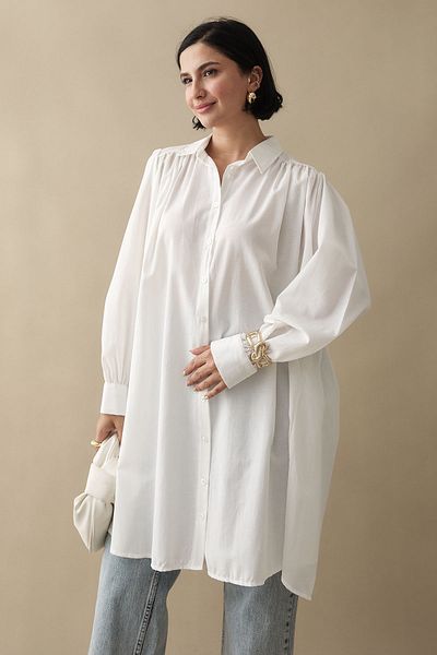 InStyle Естествена туника с копчета от горе до долу в цвят екрю