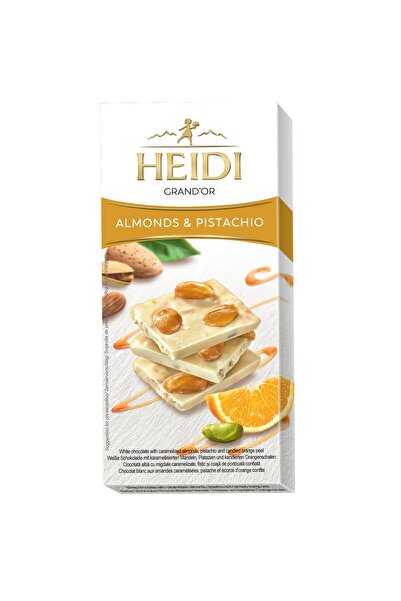 Heidi Ciocolata alba Grand'Or cu migdale caramelizate, fistic si portocala 100 g