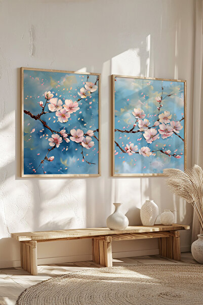 STARYUNA Yağlı boya efektli sakura tablo, ahşap çerçeveli 2'li tablo seti Yuna95