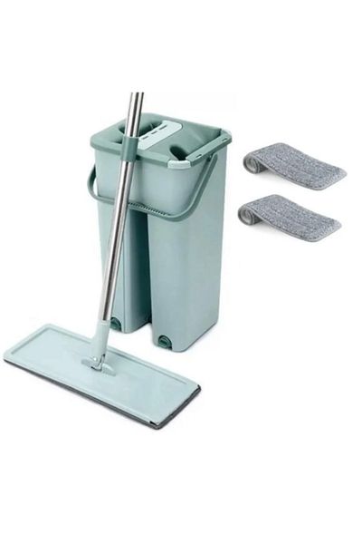 Herum Mop set with bucket, separate tubs for washing and drying, Turquoise, 2 mop cloths included