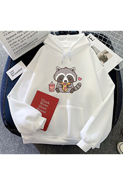 Tarzsokak هوديي بيضاء لطيفة على شكل راكون يأكل فقاعات الشاي والحليب والبيتزا ...