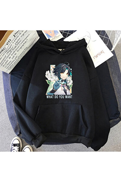 Tarzsokak Hanorac negru cu glugă pentru jocuri anime, cu imprimeu XiaoGenshin...