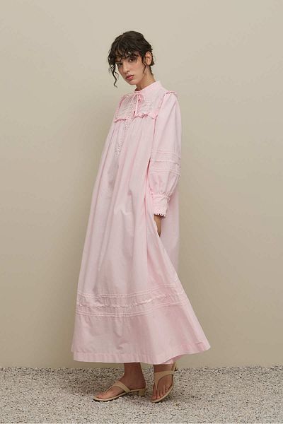 Fahhar Voile Dress with Stripe Detail Pink