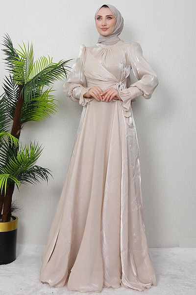 GİYZAMİLA Bow Detail Silk Evening Dress Beige