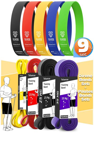 Telvesse 9Pcs Tera Set 5+15+25+35 kg + 5Pcs Pilates Resistance Band Pilates Rubber Loop Band Mix Tone