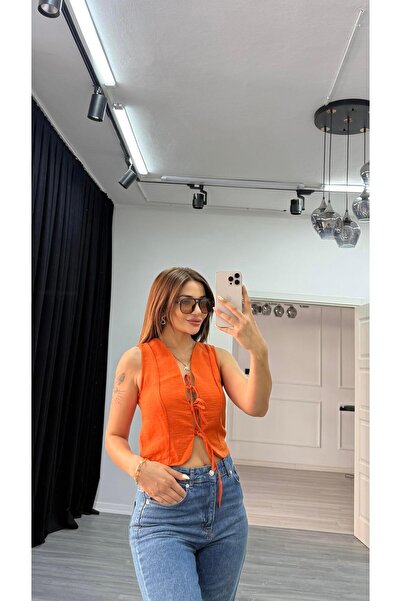 Daves Linen Vest with Tie Detail Orange