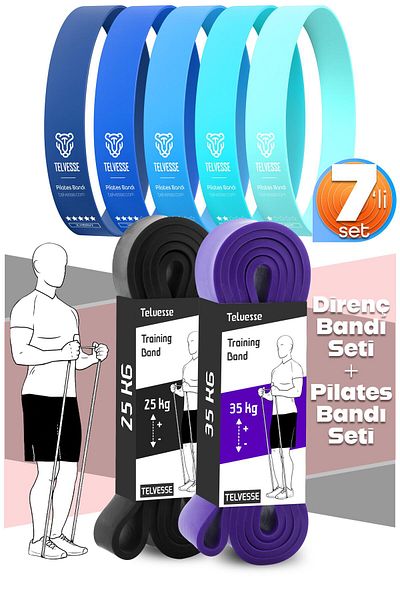 Telvesse 7Li Mega Set 25+35 kg + 5Li Pilates Resistance Band Barre Rubber Loop Band Blue Tone
