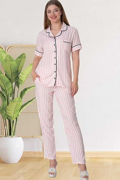 Mavelle Women's Pink Striped Buttoned Pajama Suit 5150