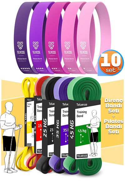 Telvesse 10Pcs Tera Set 5+15+25+35+45 kg + 5Li Pilates Resistance Band Barre Exercise Rubber Loop Band Pink Tone