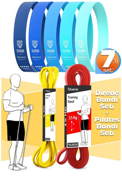 Telvesse 7Li Mega Set 5+15 kg + 5Li Pilates Resistance Band Barfiks Rubber Loop Band Blue Tone
