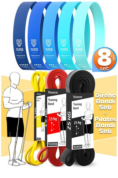 Telvesse 8-Piece Giga Set 5+15+25 kg + 5-Piece Pilates Resistance Band Dangle Rubber Loop Band Blue Tone