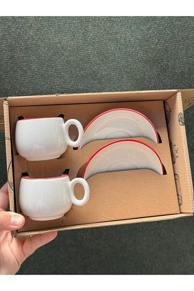 CeM Porselen 2-Person Red Striped Chubby Model Coffee Cup Set