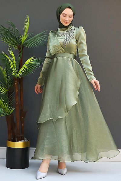 GİYZAMİLA Stoned Organza Evening Dress Oil Green