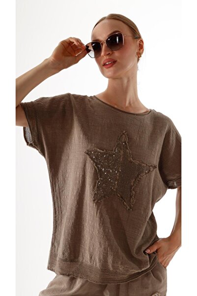shE tekstil Λινό μπλουζάκι με παγιέτες με αστέρια