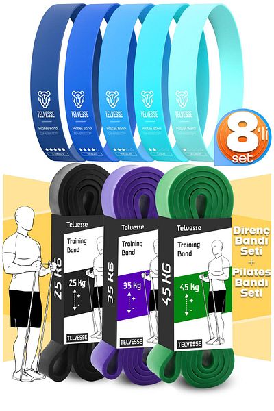 Telvesse 8-Piece Giga Set 25+35+45 kg + 5-Piece Pilates Resistance Band Diaphragm Rubber Loop Band Blue Tone