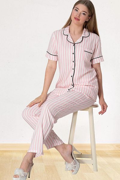 Mavelle Women's Pink Striped Buttoned Pajama Suit 5150