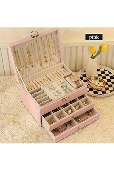 Büyük Hanım Double Drawer Switched Faux Leather Pink Jewelry Box