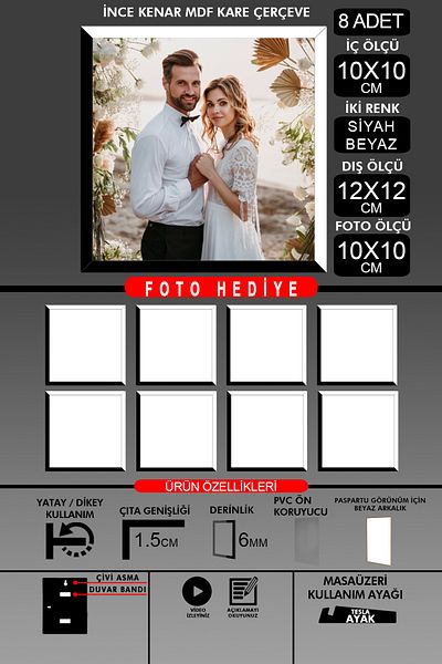 yhfoto 8Pcs 10X10 Frame - Thin Slatted Frame - 2 Colors Black White - Square Frame Photo Frame
