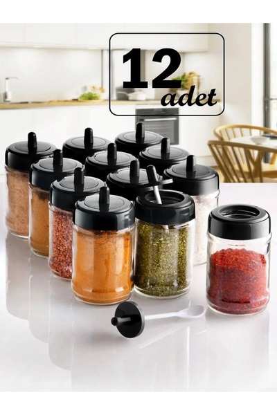 Carat Home Ekin Labeled Lid Self-Spoon Glass Spice Set Long 12 Pieces