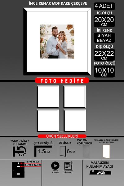 Bytwo 4Pcs 20X20 Frame - Thin Slatted Frame - 2 Colors Black White - Square Frame Photo Frame