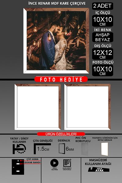 Bytwo 2Pcs 10X10 Frame - Fine Slatted Frame - 2 Colors White Wood- Square Frame Photo Frame
