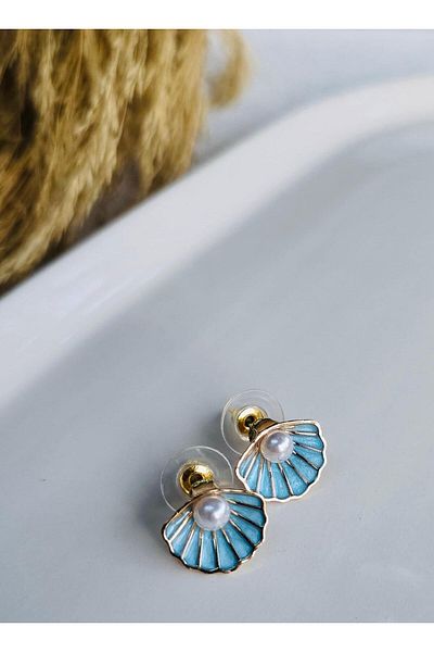 My Life Accessory Women's Blue Seashell Design Pearl Detailed Steel Earrings Allergy Free No Tarnish