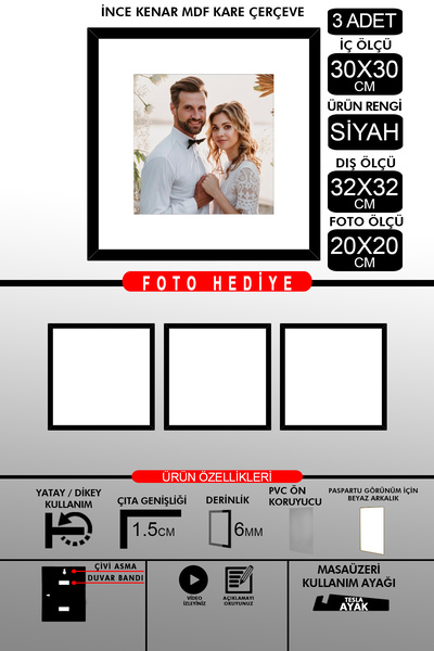Bytwo 3 Pieces 30X30 Frame - Thin Slatted Frame - Black Frame - Square Frame - Photo Frame
