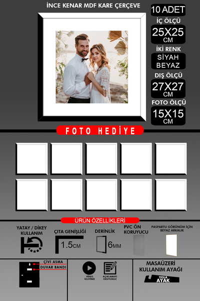 Bytwo 10Pcs 25X25 Frame - Thin Slatted Frame - 2 Colors Black White - Square Frame Photo Frame
