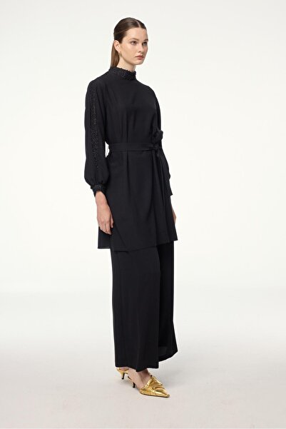 Zühre Black Tunic with Belt and Stone Detail on Collar and Sleeves T-1551